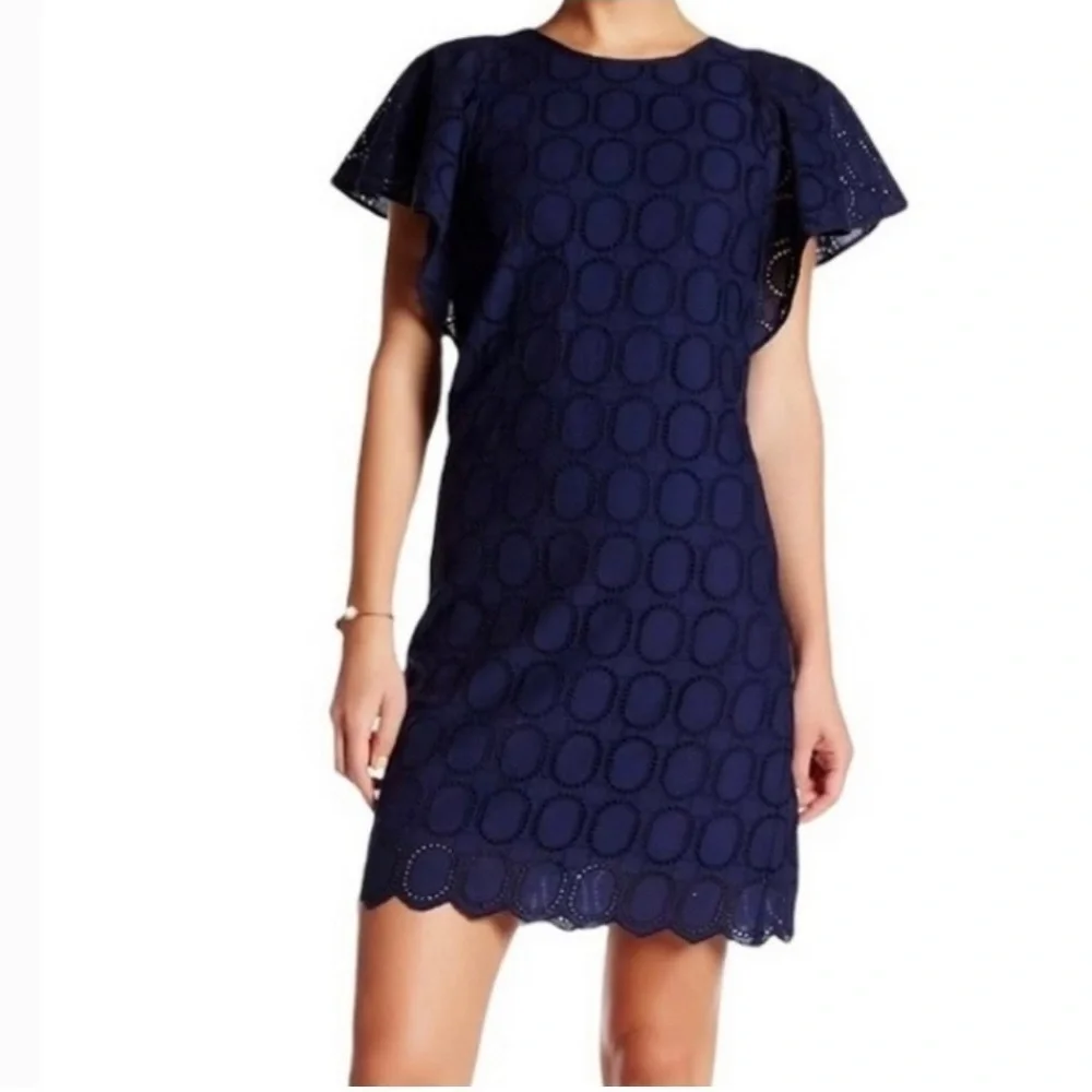 J. Crew Factory Scalloped Eyelet Navy Blue Shift Dress With Flutter Sleeve Sz 2
